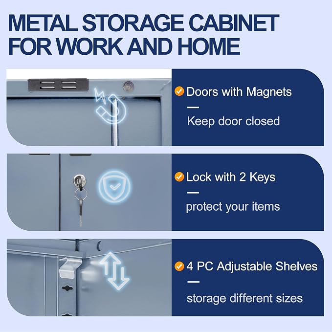 BESFUR Metal Storage Cabinet with 2 Doors and 4 Adjustable Shelves Garage Storage Cabinet with Lock 71" Office Storage Cabinets Locking Cabinets for Garage Office Shop Home (Gray)