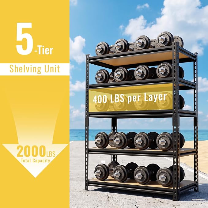 5 Tier Garage Shelving, Adjustable Heavy Duty Garage Shelves | 60 "H Metal Storage Shelves Unit for Basement,Warehouse,Pantry Kitchen