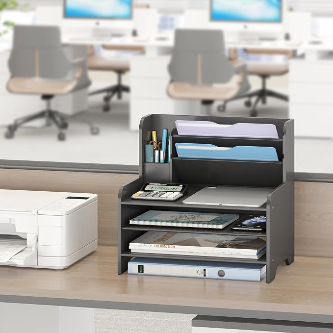 Bamboo File Organizer for Desk, Paper Tray with Pen Holder | Open tiers and a pen holder sort Letter/A4 paper, folders and office supplies while keeping your workspace clutter-free