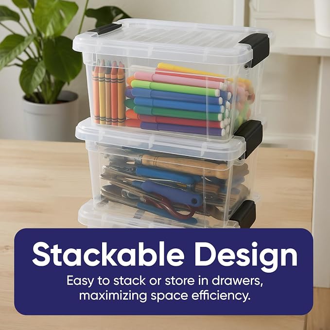 Superio Mini Storage Container Plastic Crayon Box Art Supplies and Sewing Case Stackable Clear Small Organizer for Beads, Stationery, Chalk, and Food, 1.4 Quart