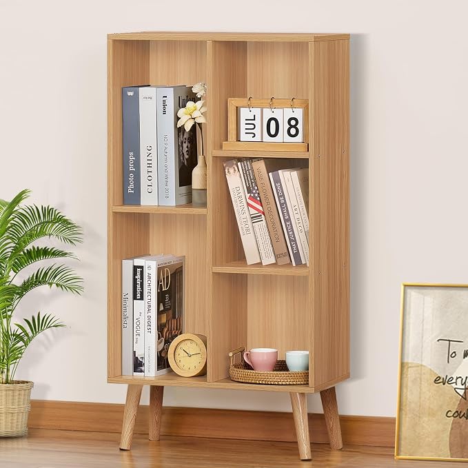 LEYAOYAO 5 Cube Bookshelf, Mid-Century Modern Book Shelf with Legs, Natural | 3 Tier Bookcase, Rustic Wood Bookshelves Freestanding Small Storage Organizer, Open Shelves for Bedroom, Living Room, Office