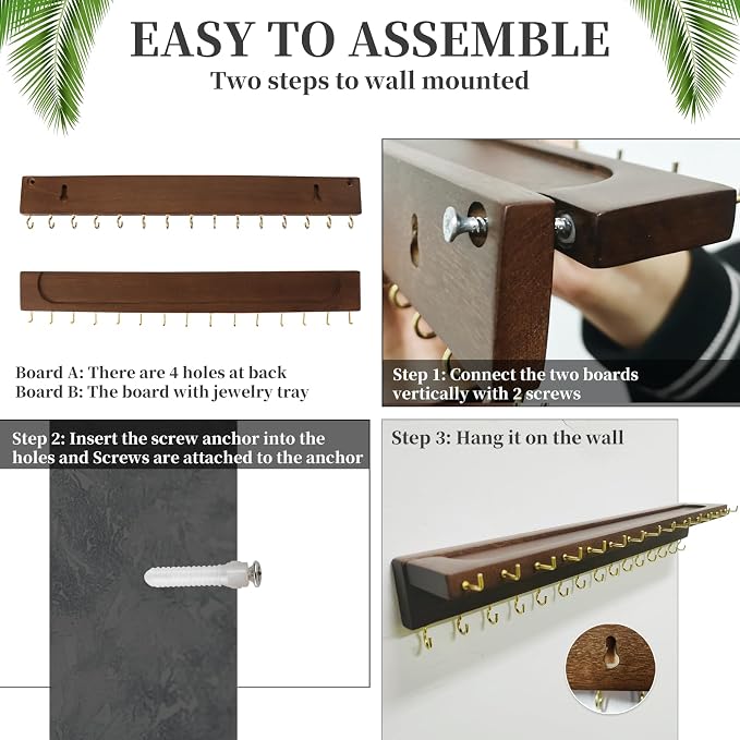 YYILIS Necklace Holder, Upgraded Extra Large Wall Necklace Organizer with 30 Hooks Wall Mounted Necklace Hanger with Jewelry Tray/Cosmetics Shelf Rustic Pine Wood Holder (Walnut) | 30 Hooks Wall Mounted Necklace Hanger with Jewelry Tray/Cosmetics Shelf...