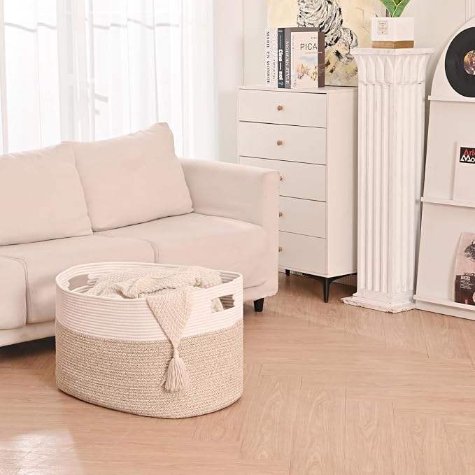 ICERZCZ Extra Large Blanket Basket for Living Room, Rectangle Woven Cotton Rope Storage for Blankets, Toys, Clothes, Shoes, 25”x16”x16”, Off White & Brown, 108L