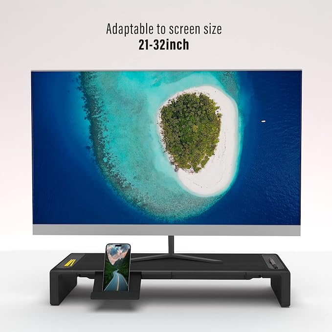 Adjustable Monitor Stand Riser with Drawer - Foldable Computer Stand for Desk, Desktop Organizer with Phone Holder & Pen Slot, Space Saving Laptop Riser for Home Office, Black