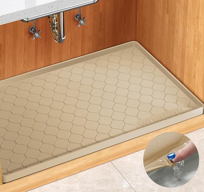 Winisok Waterproof Under Sink Mat 25" x 19", Silicone Mat, Beige | Raised Edge Traps Spills & Leaks, Shelf Liner, Cabinet Protector, for Kitchen, Bathroom, Boots, Pets, Home Essentials