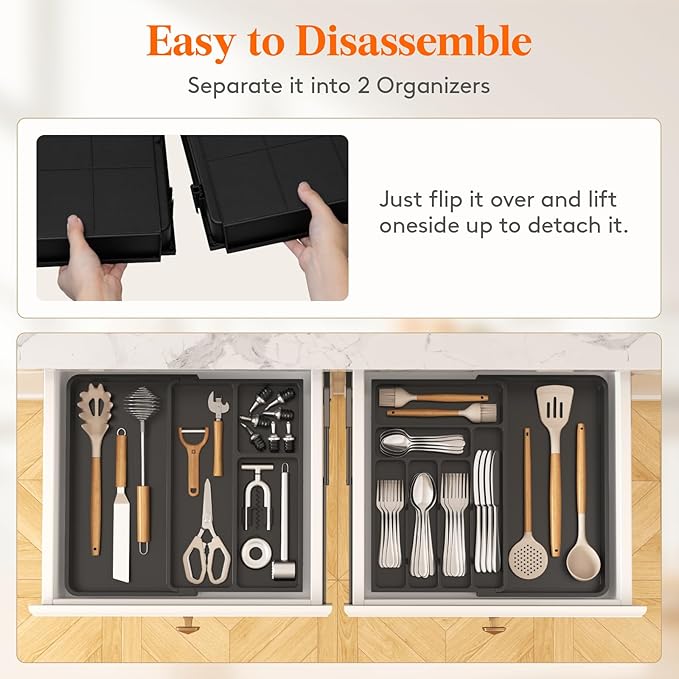 Lifewit Utensil Organizer for Kitchen Drawer, Expandable Cooking Tray | Adjustable Cutlery Flatware Holder, Plastic Silverware Spatula Tools Storage Divider, 21.3- 36 x 16.9", Black