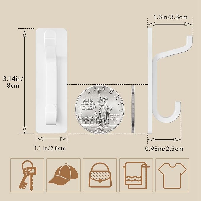 pickpiff 13LB Strong Stick-on Hooks for Coat & Towel, White 6 Pack