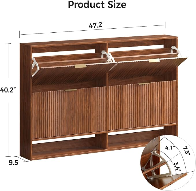 Hootata 47.2''W Walnut Shoe Storage Cabinet for Entryway with 4 Flip Drawers, Fluted Slim Shoe Cabinet, Free Standing Wooden Shoes Organizer for Foyer, Hallway