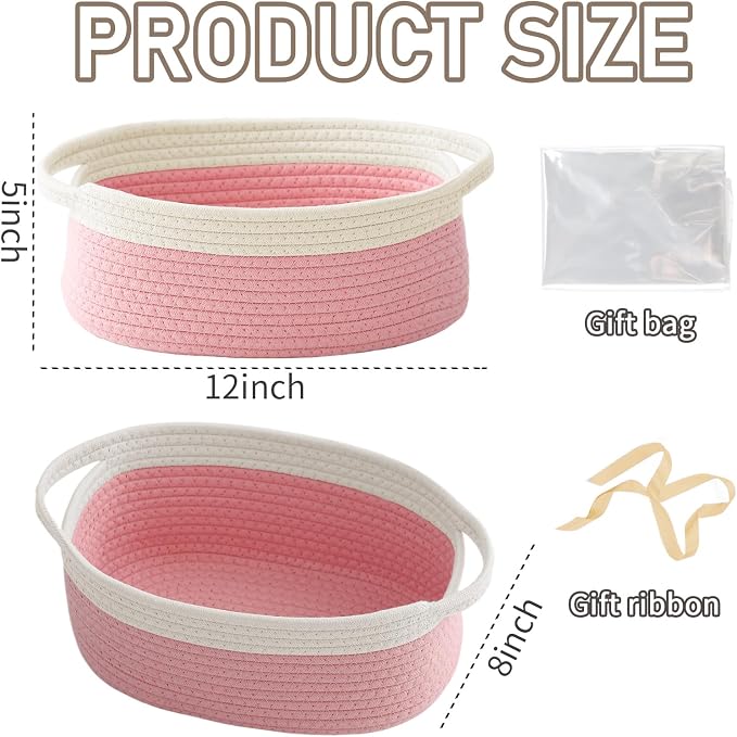 JMvicyroam Small Woven Basket, Empty Gift Basket, White&Pink/1 Pack | Small Gift Basket, Cotton Rope, 12 x 8 x 69 in, Handles, Includes Ribbon and Bag, Birthday Gift Basket