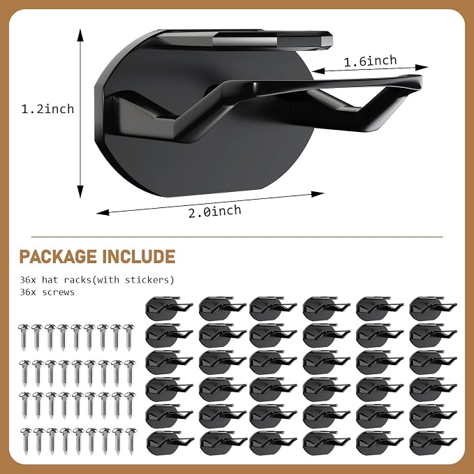 Niunuerga 36 Pack Adhesive Hat Hooks for Wall, Super Strong Hat Rack for Baseball Caps, Minimalist Hat Organizer Display for Home Decor, Hat Hangers Holder for Wall, Door, Closet, No Drilling (Black)