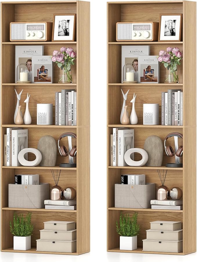 Giantex 6-Tier Bookcase Set of 2, 70" Tall Wooden Bookshelf, Freestanding Storage Organizer w/Open Shelves, Anti-Tipping Kits, Modern Floor Standing Display Shelves for Living Room,Natural