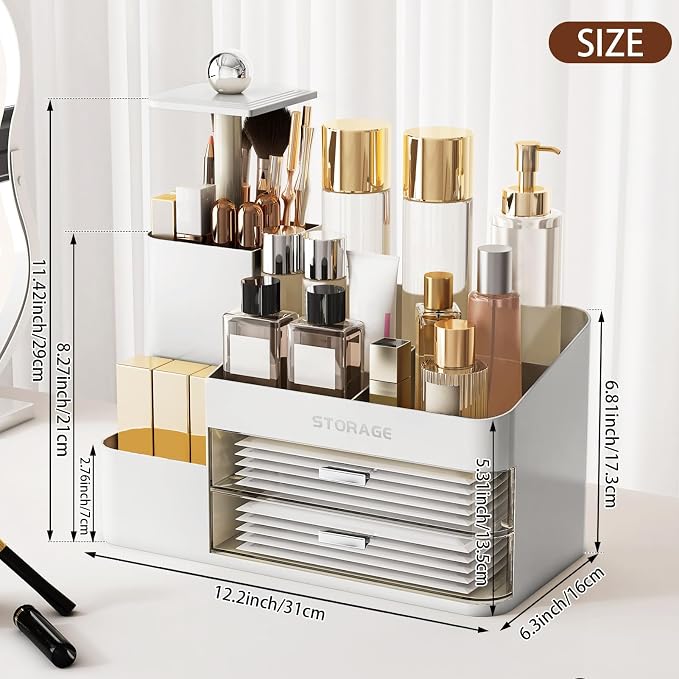 Large Makeup Organizer Countertop with Drawers, Make Up Organizer for Vanity, Makeup Storage Organizer Countertop Makeup Organizers for Skincare (Style2-White)
