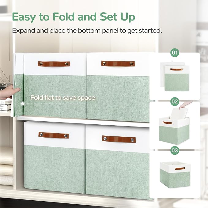 Patvingot 13-Inch Linen Storage Cubes with Labels and PU Handles,4 Pack | Roomy storage for blankets, sweaters and towels, reinforced bottom, contents stay easy to identify, folds flat when empty