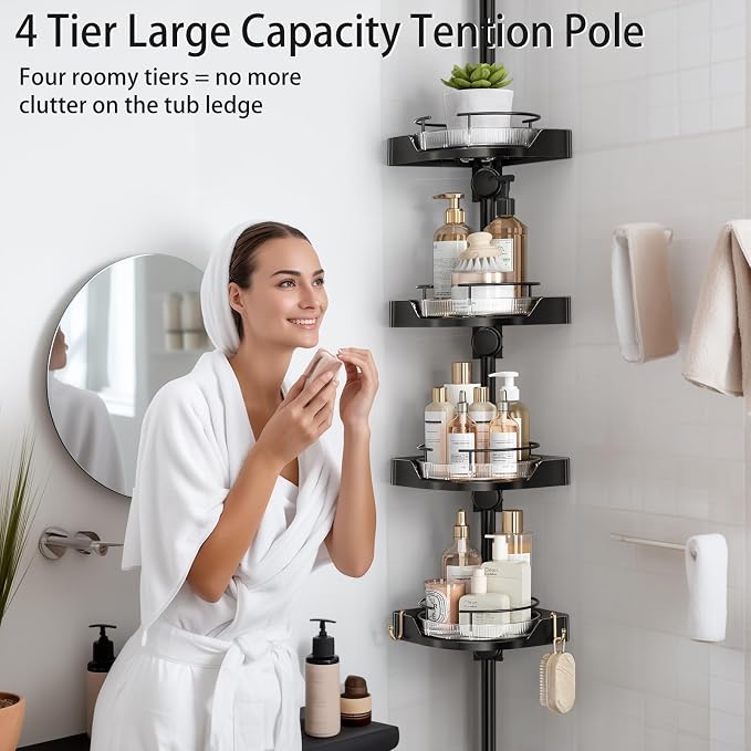 360° Rotating Corner Shower Caddy Tension Pole Organizer (Black) | 4-Tier rotating shelves with hooks, adjustable tray height, upgraded rustproof metal pole, removable trays for shower storage