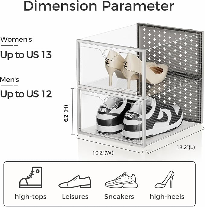 15 Pack X-Large Shoe Storage Boxes, Shoe Organizer Clear Stackable | Fit US Size 11, 6.2” Height, Shoe Dispaly Case Holder Bins Sneaker Storage for Sneakerheads, For Home and Family, Grey