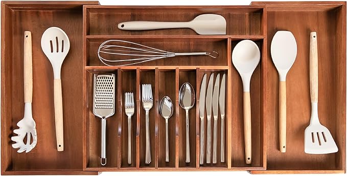 KitchenEdge Silverware & Utensil Drawer Organizer, 18-33 in, Acacia | Cutlery, flatware, food-safe contract grade, kitchen drawer fit