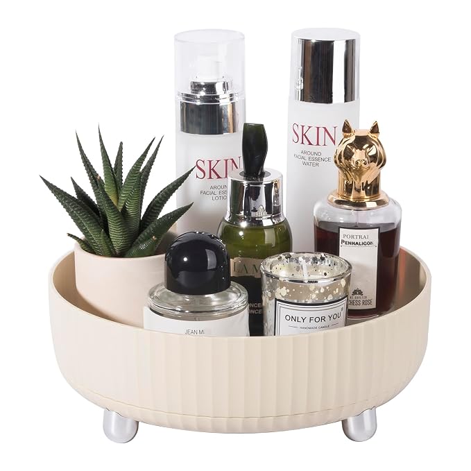 360 Rotating Makeup Perfume Organizer Skincare Tray, Small Beige | 360 Degree Spinning Lazy Susan Organizer Lotion Cosmetics Storage for Dresser, Vanity, Bathroom Countertop