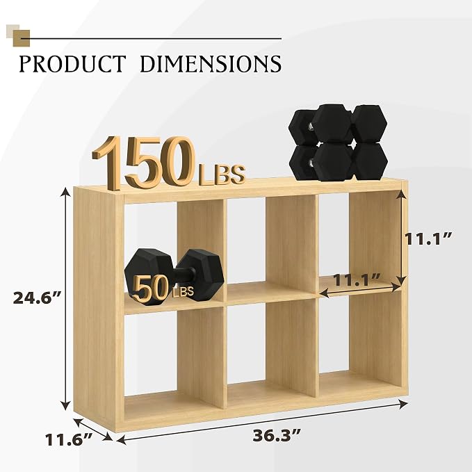WannabeMyself【2026 Wooden Thick Frame】 6 Cube Storage Organizer with Anti-Tipping Kits, Reversible Open Back Book Shelf,Bookcase for Living Room,Bedroom,Entrance Hall,Office,11.6×36.3×24.6,Oak Color