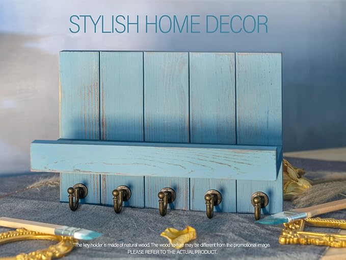 Rebee Vision Key Holder Wall Mount with Shelf for Entryway, Distressed Blue | 3.54'' x 10''x 7.28'', Key Holder for Wall, Floating Shelf, Plant Display, Mail Sorter, Hanging Hooks, Mid-Century Decor