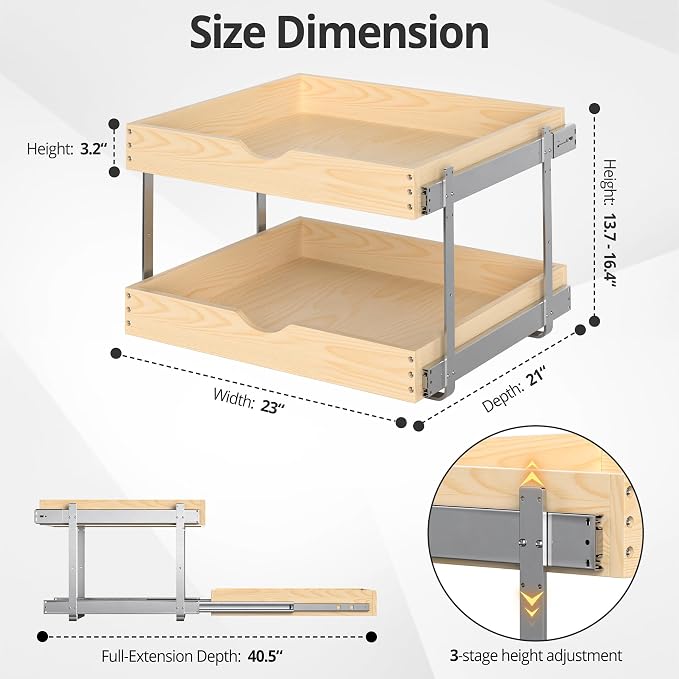21" Deep 2-Tier Pull Out Cabinet Organizer - Wood Pull Out Drawers | Slide Out Shelves, Full-Extension, Ball-Bearing Slides, 3 Adjustable Heights (2-Tier, 23'W X 21''D Overall)