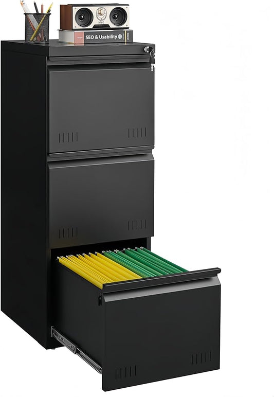 Guizeeopo Metal File Cabinet with Lock, Vertical 3 Drawer File Cabinets for Home Office, Heavy Duty Office Storage Cabinet for A4/Letter/Legal Size, Assembly Required(Black)