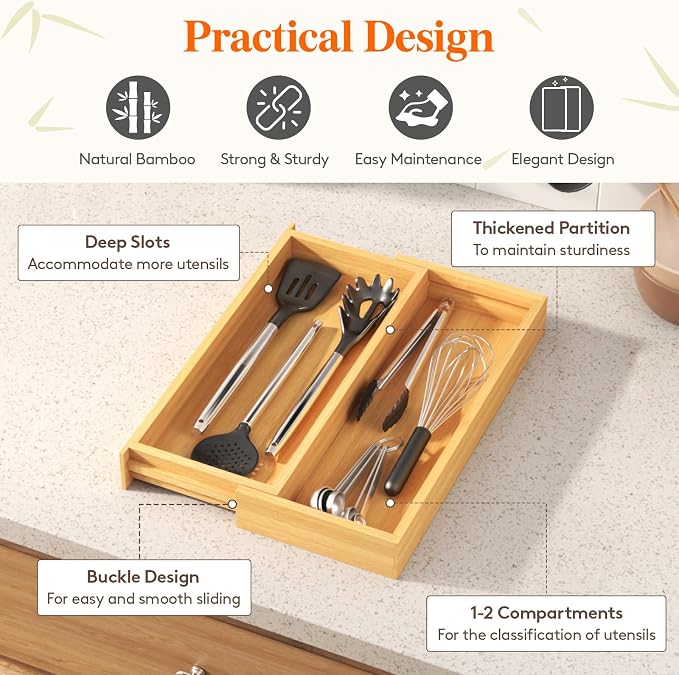 Lifewit Utensil Organizer for Kitchen Drawer, Expandable Cooking Utensil Tray, Cutlery Silverware Flatware Holder, Wood Adjustable Spatula Tools Storage Divider, 7-12 x 15.75", Natural