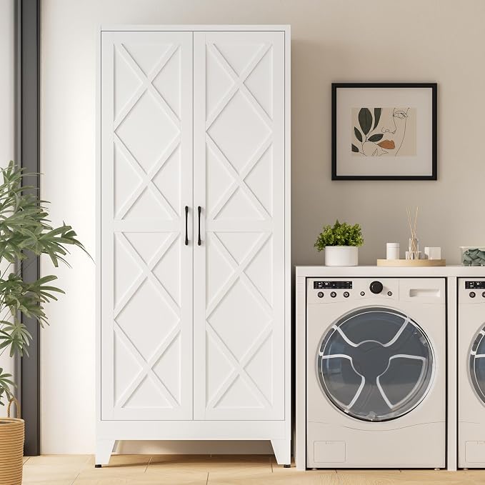 Bevivog 71" Tall Pantry Cabinet Farmhouse, Metal Storage Cabinet with 2 Doors and 4 Adjustable Shelves, Freestanding Tall Food Pantry Cabinet Storage for Kitchen, Home Office, Living Room, Laundry