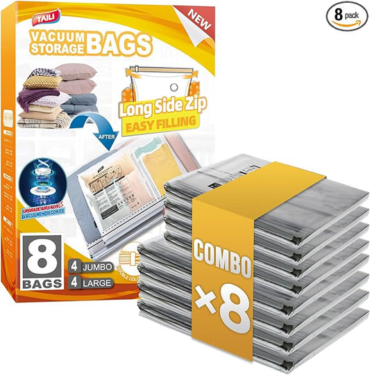 TAILI 8 Pack Vacuum Storage Bags, 2 Size Combo(4 Large+4 Jumbo), Clear | LONG SIDE ZIP Vacuum Seal Bags for Clothing, Space Saver for Beddings, Comforters, Blankets, Pillows
