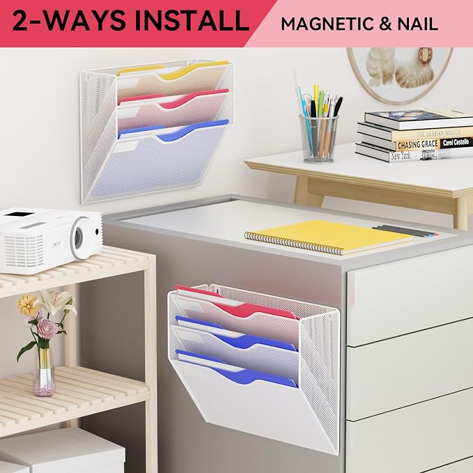 3-Tier Magnetic File Holder, No Drilling Wall File Organizer, File Folder Bins, Mail & Magazine Rack, Magnetic Paper Document Holder for Refrigerator File Cabinets Whiteboard, White