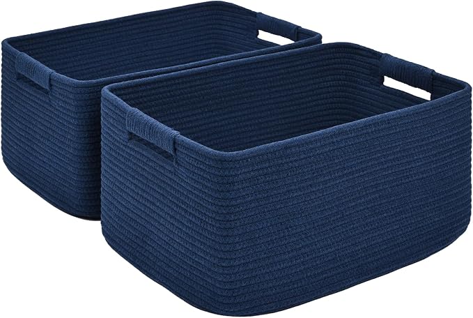 2 Pack Large Storage Basket for Organizing, 17.5"x13"x7" Woven Basket for Shelves, Closet Cube Storage Bins with Wrapped Handle, Cotton Rope Baskets for Kitchen, Clothes, Toys(Navy Blue)