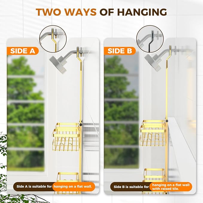 REINHARDT Split Shower Caddy Hanging for Handheld Showerheads, Gold | Adjustable Shower Organizer, Rustproof, 16 Hooks, Soap Holder, 40lbs Capacity, Anti-Slip, Tool-Free, Bathroom Accessories