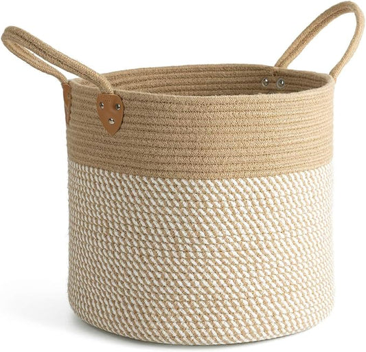 CHICVITA Wicker Storage Basket with Leather Handles, 14" x 12", White | Decorative Woven Basket for Toys, Shoes, Blankets & Laundry Storage, Living Room & Bedroom Organizer, Indoor Plant Basket