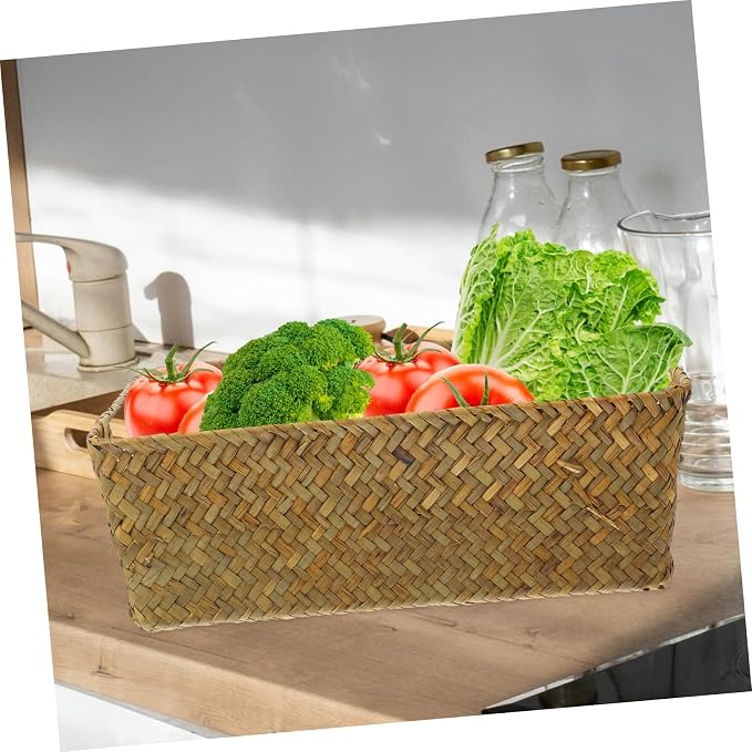 Zerodeko Handwoven Straw Woven Basket with Flat Base Decorative Storage Organizer for Desktop Household Supplies Compact Multifunctional Storage Holder for Vegetables Snacks