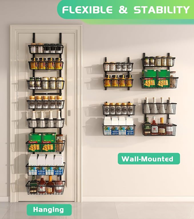 Mefirt 12 Inch Wide Narrow Over The Door Pantry Organizer Black 8-Tier | Pantry Organization and Storage, Metal Hanging Deep Basket Wall Spice Rack Seasoning Shelves, Home & Kitchen Essentials