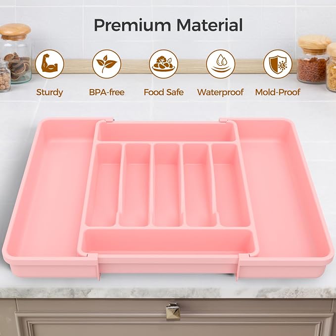 ukeetap Extra Large Expandable Silverware Organizer, BPA-Free Food-Safe Cutlery Flatware Organizer, Kitchen Utensil Drawer Organizer, Adjustable Silverware Holder for Spoons Forks Knives, Pink