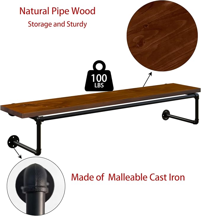 Clothes Rack 48in, Wall Mounted Garment Racks with Real Walnut Wood Shelf, Heavy Duty Hanging Clothes Rack, Multi-Purpose Hanging Rod, Space-Saving Closet Storage