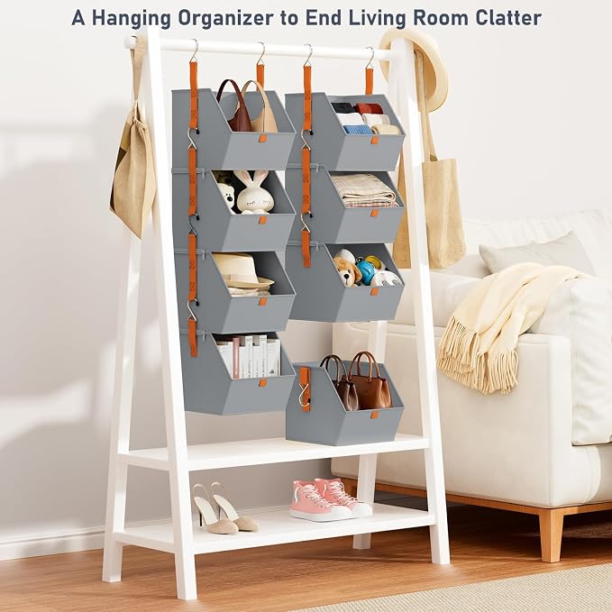 DIMJ Hanging Closet Organizer - 4 Tier Collapsible Hanging Shelves with Hooks Zipper, Fabric Clothes Organizer, Space-Saving Storage Bin Basket for RV, Bedroom, Laundry Organization