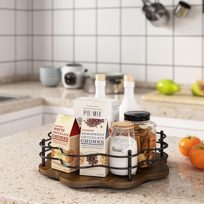 12" Lazy Susan Turntable Organizer,Round Wooden Lazy Susan Organization and Rotating Spice Rack for Dining Table,Pantry,Kitchen Countertop,Vanity,Cupboard and More.Heightened Version