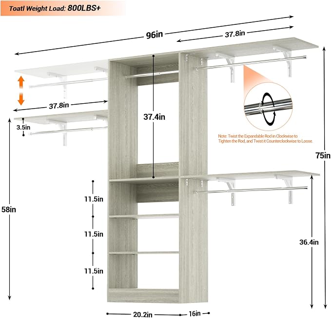 8FT Closet System with 3 Wooden Storage Shelves, 96'' Closet Organizer System with 3 Hanging Rods, Wall Mount Wardrobe Walk-in Closet, Adjustable Garment Rack from 5 to 8FT (Cut to Fit), White Oak