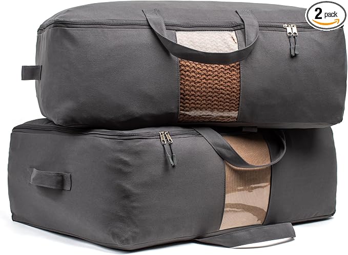 Soft Canvas Storage Bags with Zipper. Thick Breathable, 2pc King/Queen Comforter Organizer. Four Carrying Handles and Window. Large 25x19x9in Bag for Sheets Blankets Bedding Pillows, Clothes (Grey)