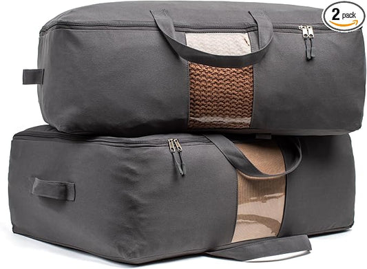 Soft Canvas Storage Bags with Zipper. Thick Breathable, 2pc King/Queen Comforter Organizer. Four Carrying Handles and Window. Large 25x19x9in Bag for Sheets Blankets Bedding Pillows, Clothes (Grey)