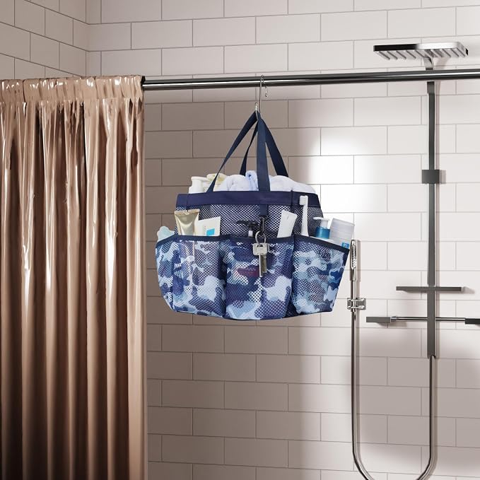 Mesh Shower Caddy Portable - 8 Pockets, S-Hook, Shower Bag for Dorm Camping | 2-Handle, Quick-Dry, Toiletry Organizer, College Dorm Room Essentials for Girls, Gym, Travel & Bathroom, Blue Camouflage
