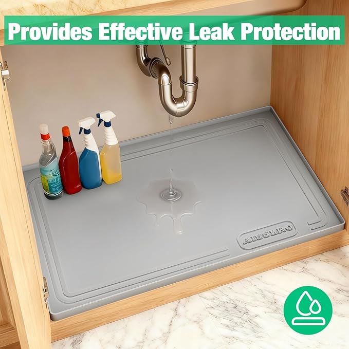Under Sink Mat 22" X 19", Waterproof Silicone Cabinet Kitchen Liner, Gray | BPA-Free Raised-Edge Cabinet Protector & Leak Tray for Bathroom Cabinets, Boots, Pet Feeding Dog & Cat Mats, Dishwasher Safe