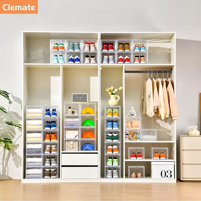 Clemate Upgraded X-Large Shoe Organizer,Shoe Storage Organizer,12 Pack,Shoe Box Clear Plastic Stackable,Drop Front Shoe Box with Clear Door, Shoe Containers For Sneaker Display,Fit up to US Size12