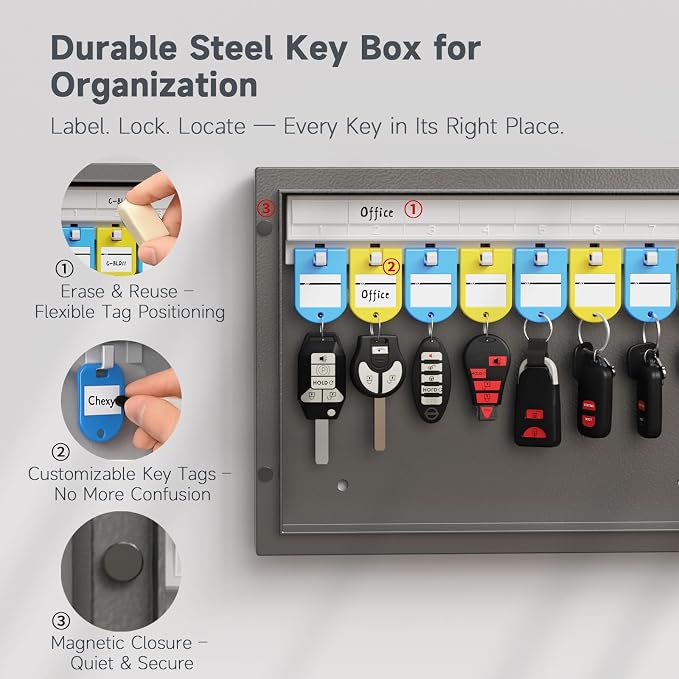 16-Key Key Lock Box, Wall Mount Steel Key Organizer Cabinet with Key Tags | Security Key Holder Lockbox with Key Management App for Small Office, Key Storage for Home, Garage, Fleet & Valet
