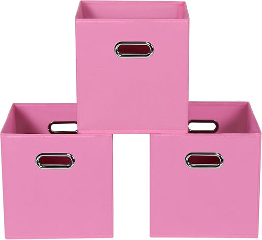 Fabric storage bins Cubes, Fabric Cube Organizer with Handle, Foldable Cube Bins for Cloth or Accessary Storage, 11x11x11, Set of 3, (Pink)