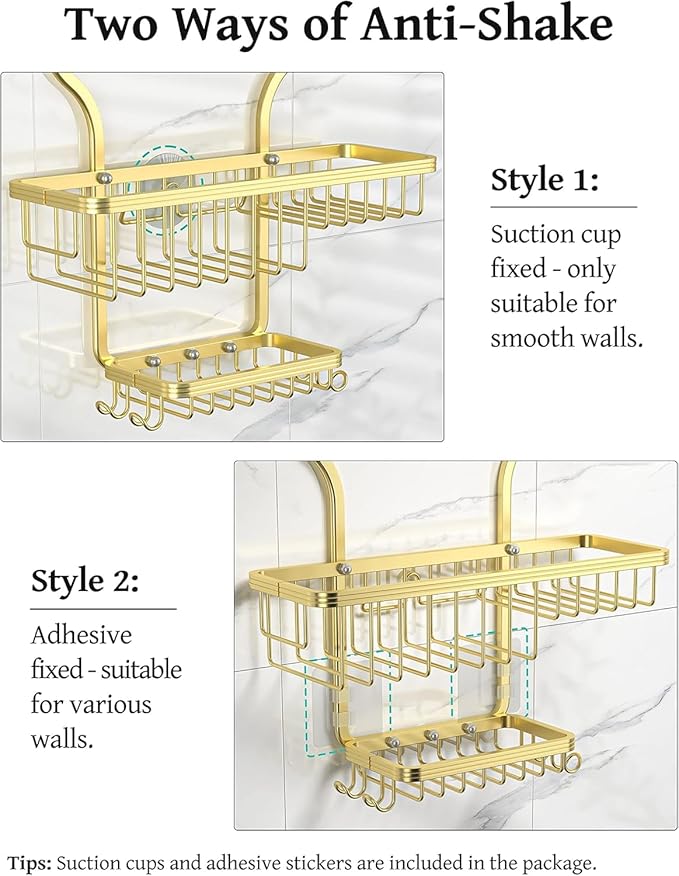 YASONIC Never Rust Shower Caddy Hanging, Aluminum Shower Racks for Inside Shower, 3-Tier Shower Organizer Hanging Over Shower Head with Hooks and Soap Holder, Gold