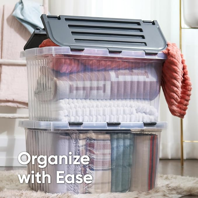 Superio Storage Bins with Lids, Clear Plastic Containers for Organizing, Stackable Totes, BPA Free, Odor Free, Organizer Boxes for Home, and Dorm, 53 Quart (4 Pack, 20.25"x14"x14.6")