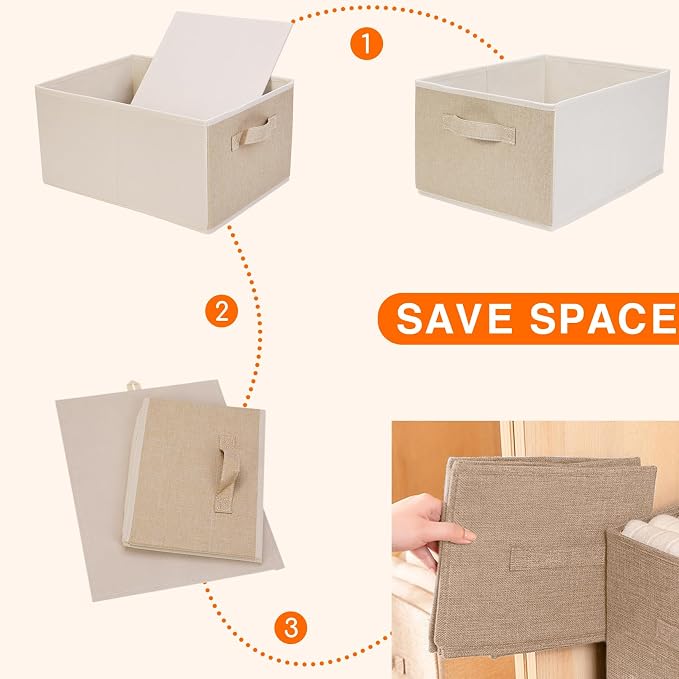 JAKAGO Fabric Storage Bins set of 4 Rectangle Storage Baskets with Handle Foldable Closet Organizer for Clothes Towel bedding Books Collapsible Clothing Container for Shelves Bedroom(Beige High)