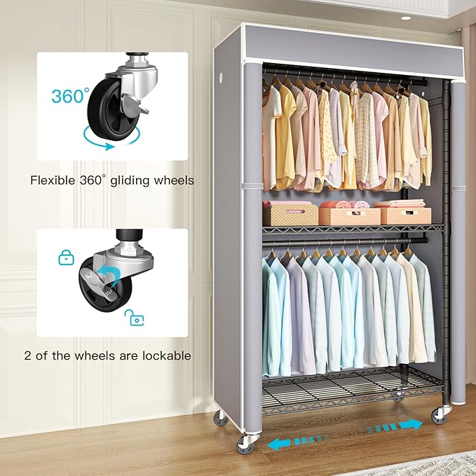 Black Clothing Rack with Grey Cover, P1C Rolling Closets with Wheels, Metal Garment Rack for Hanging Clothes, Clothing Storage Wardrobe, 36.2" W x 16.5" D x 80.5" H, Load 450 Pounds